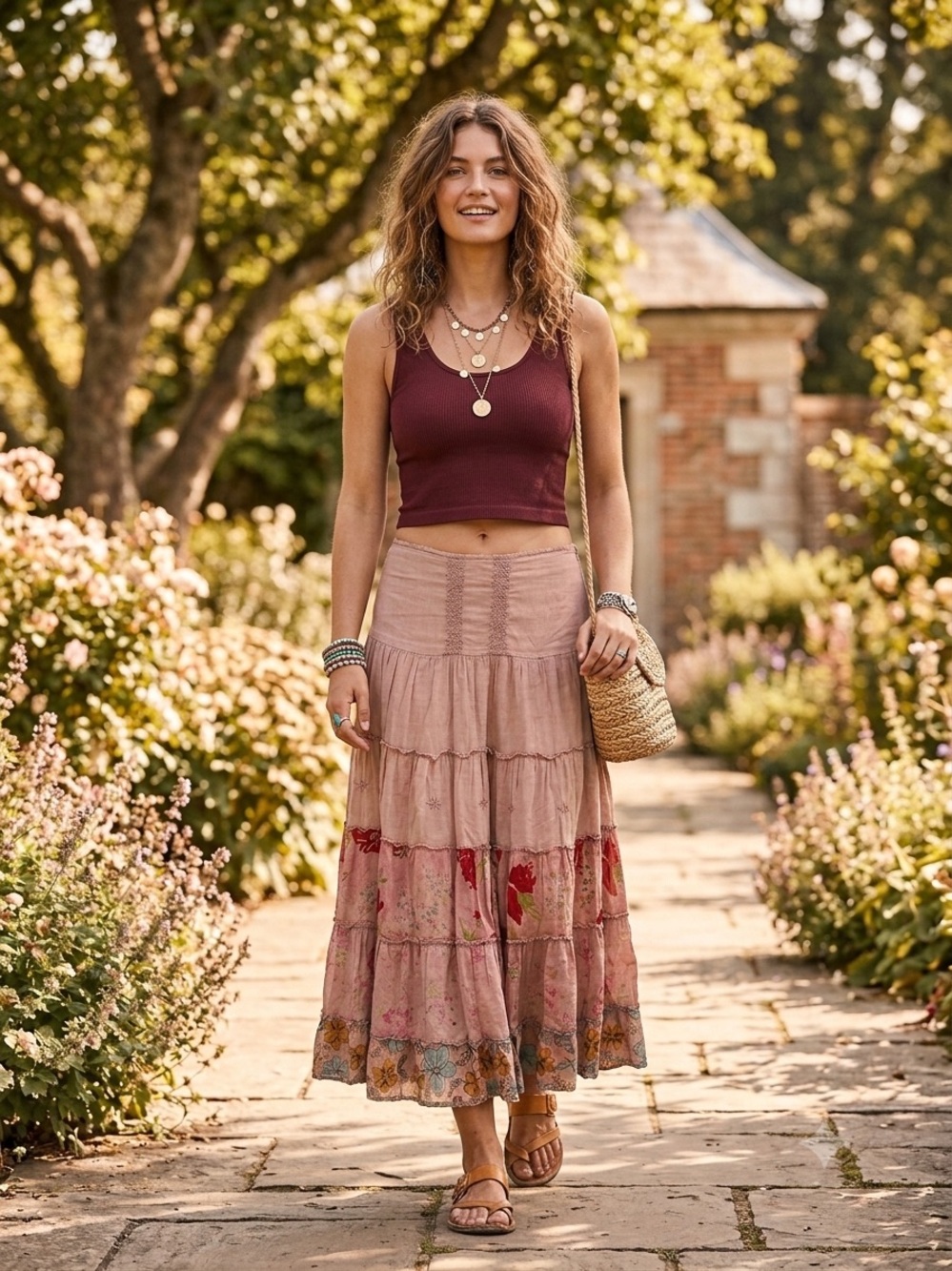 Apt. 9 Dusty Rose Tiered Maxi Skirt boho fairy